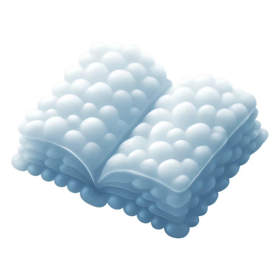 top view of a thick open book made entirely of small, very bright white fluffy convex clouds, matte glass style, emphasis on volume and airiness, no background sticker