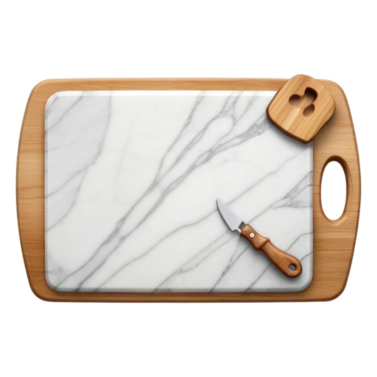 white marmor cuttingboard with a wooden grip handle on top all along the top sticker