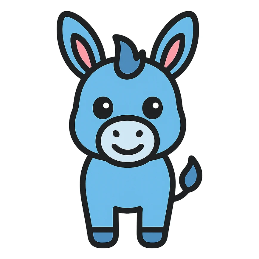 cute blue donkey with big eyes and friendly smile, simple flat design sticker
