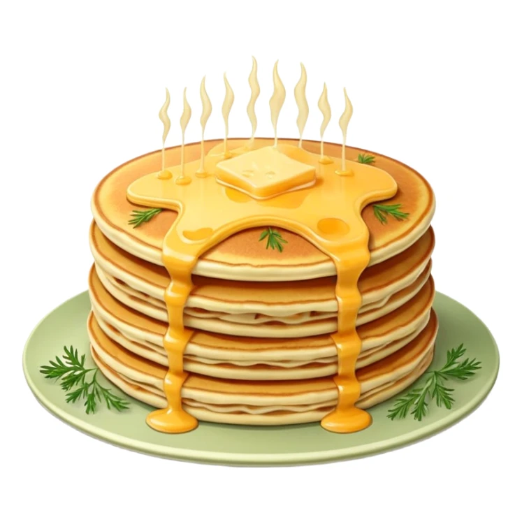 Fluffy stack of sunny pancakes with melted cheese and dill on top good quality sticker