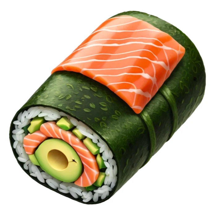 ["Salmon and avocado sushi roll wrapped in seaweed."] sticker