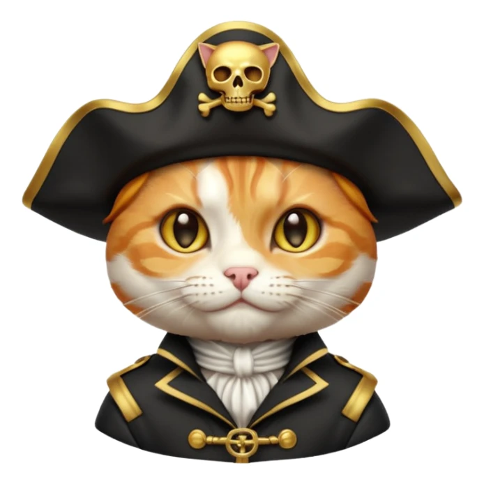Premium 3D emoji icon of a cute ginger cat pirate, wearing a **pristine white** satin pirate hat with a gold skull icon, and a black and gold captain's jacket. Glossy finish, claymorphism style, soft studio lighting, isolated on white background, 8k resolution, stylized professional look --v 6.0 sticker