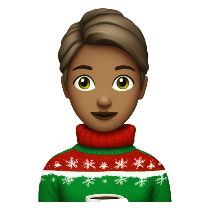 Short haired light brown girl with green eyes drinking coffee wearing Christmas sweater sticker