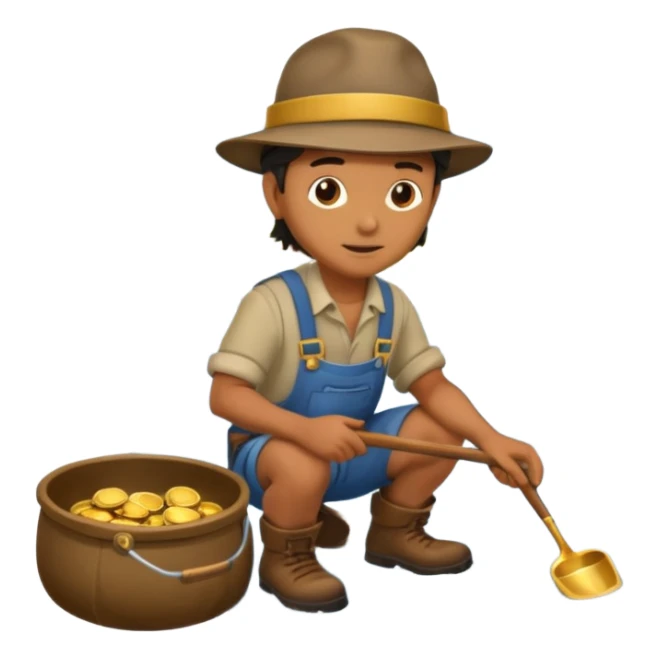 create a gold miner panning for gold near a stream sticker