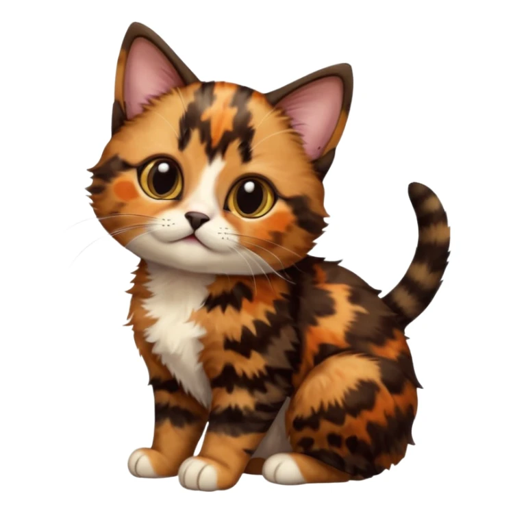 A high-resolution photo-realistic digital illustration of a brown multicoloured  tortoiseshell cat kitten, chest upward (no white) sticker