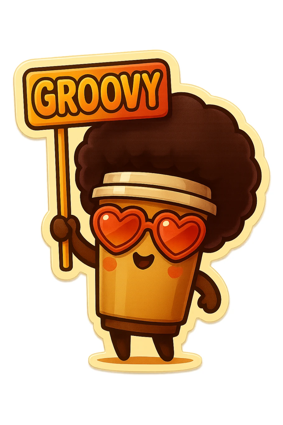 Tall coffee cup, no mouth, afro, heart glasses, giant groovy sign sticker