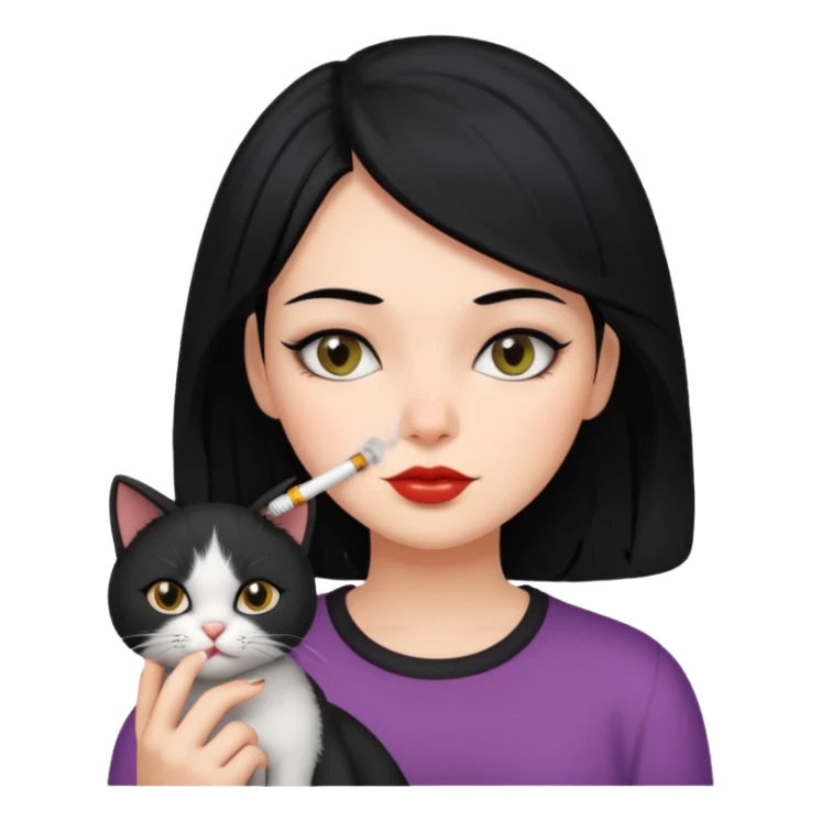 Girl with black hair smoking with her cat sticker