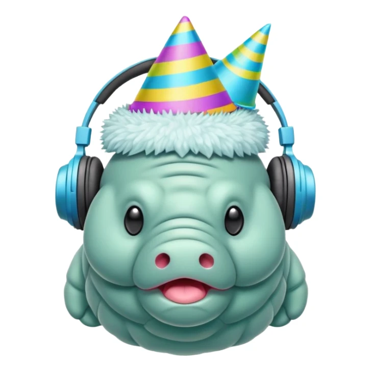 microscopic tardigrade wearing headphones and a party hat sticker