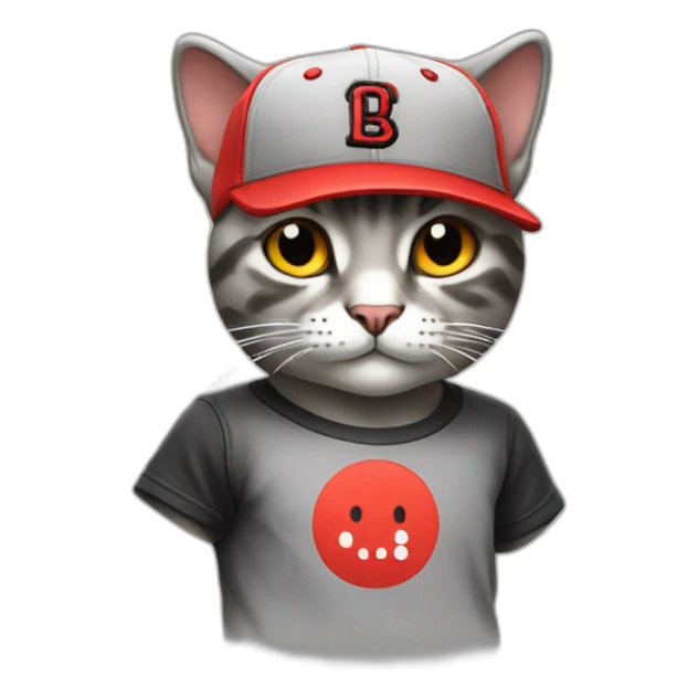 A cat standing up wearing a red and black squared shirt, and wearing a light grey Snapback cap sticker