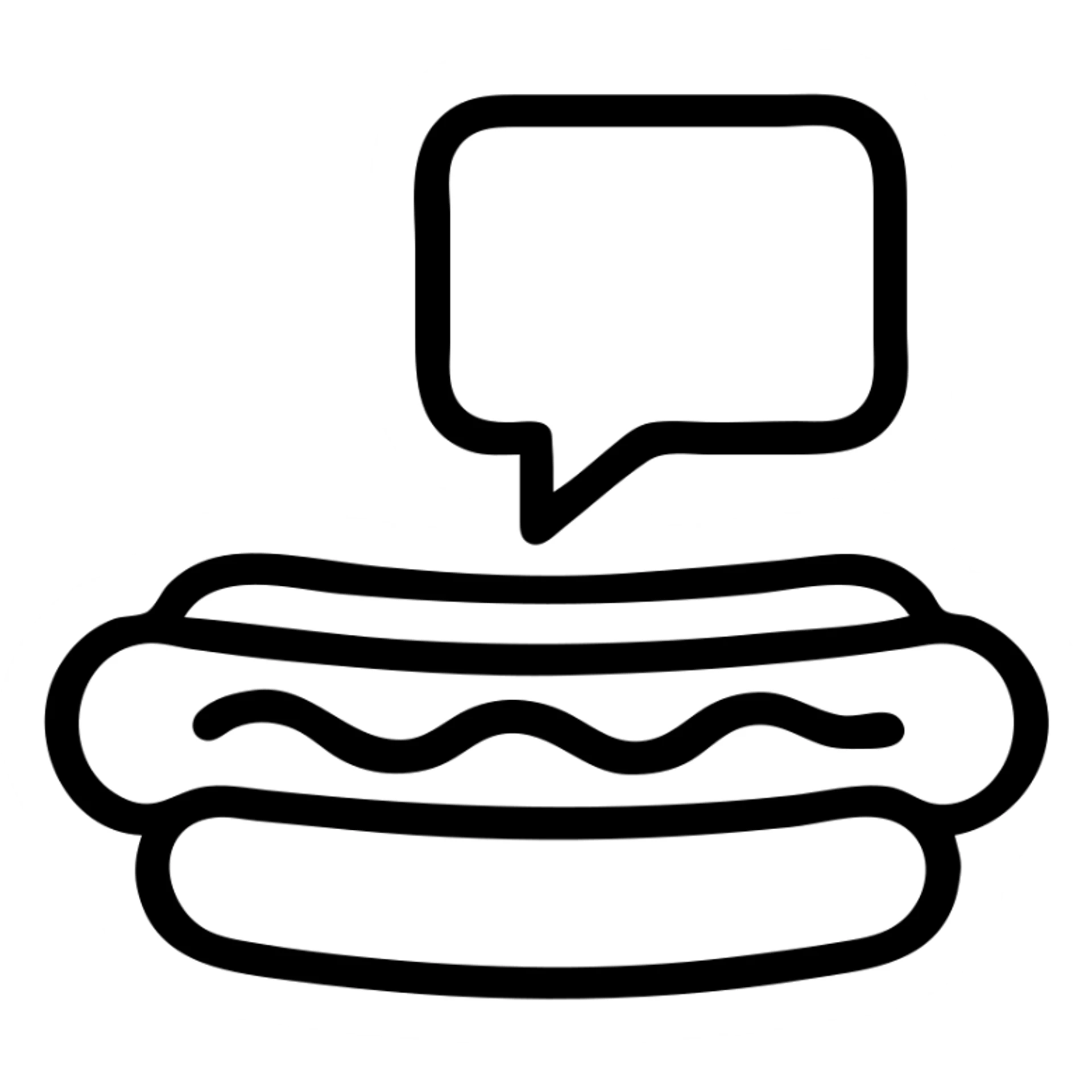 hotdog with a speech bubble, outlined cartoon style, simple and bold sticker