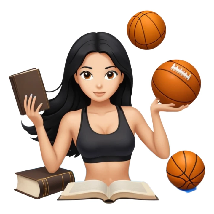 differemt hobbies floating back ground, 1 book, art, and sports, tanned long black hair woman, sexy black sports bra  sticker