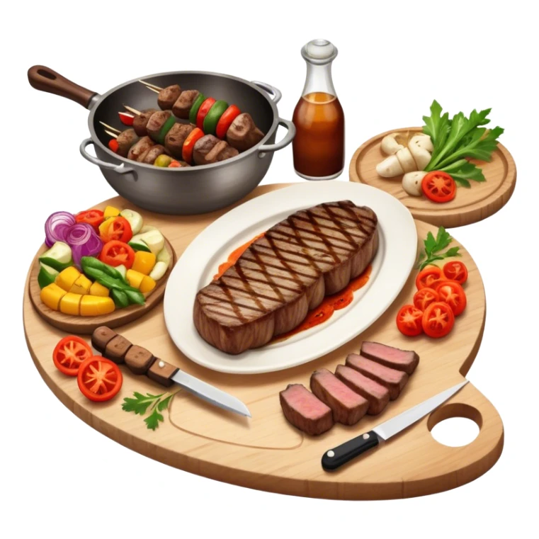 icon featuring a chef’s hat, a cutting board with fresh ingredients, a knife, a beautifully cooked ribeye steak, shashlik skewers, and a plate of food in the making. The design captures the passion of cooking with warm, inviting colors, and realistic textures. Transparent background. sticker