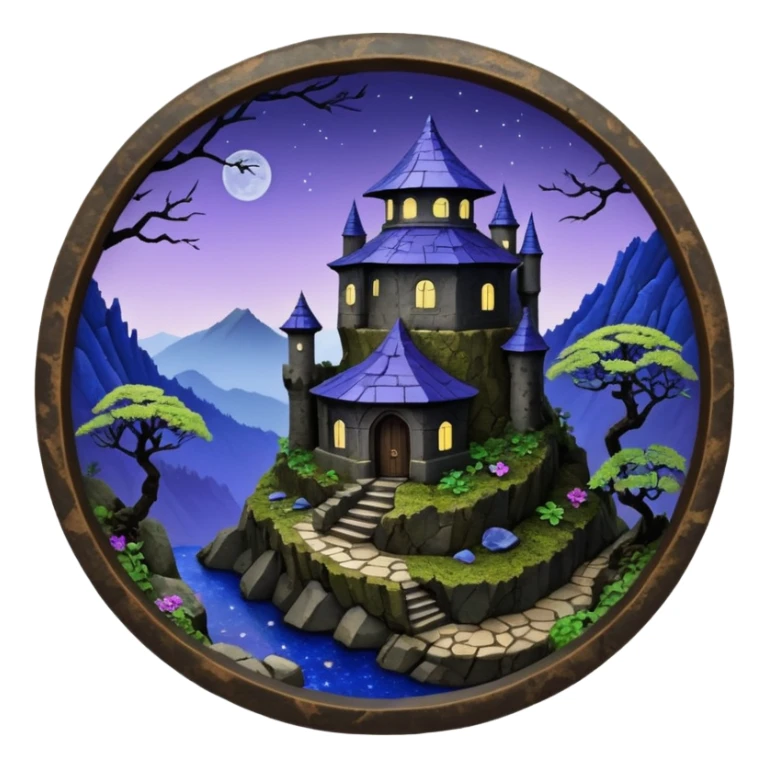  Ancient saucer-castle-house jungle winding trail mountainside getaway haunted nighttime landscape antique mudman very old broken cracked intricately detailed Stone Age lapis-crusted irregular dodecagon-shaped shallow dark moss rough bark violet flowered maple bonsai Saikei scene  sticker
