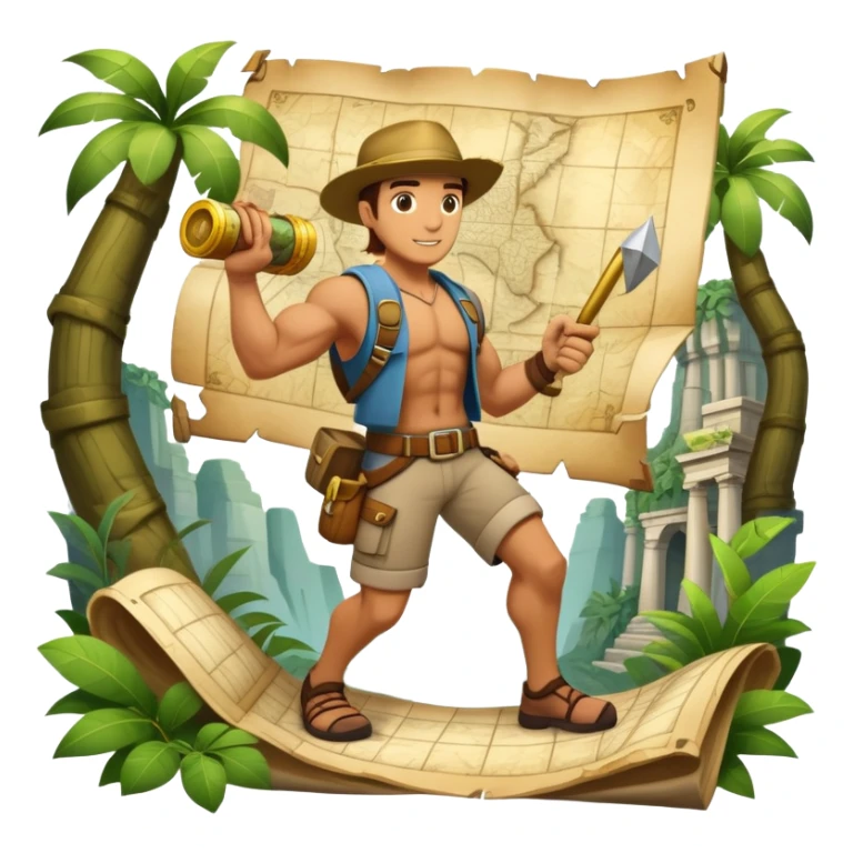 An icon featuring an adventurer in a dynamic action pose with treasure map, ancient ruins and jungle landscapes in the background. The design includes clues, hidden passages and climbing gear, symbolizing the thrill of exploration and discovery. Transparent background. sticker