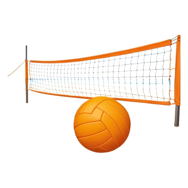 A volleyball resting on the sand on a beach, with the net in the background and a scenic view of the ocean and sky. The scene captures the relaxed yet competitive vibe of beach volleyball, with warm sunlight and the natural beauty of the beach. sticker