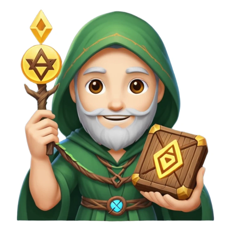 druid character satisfied smile holding glowing rune sticker