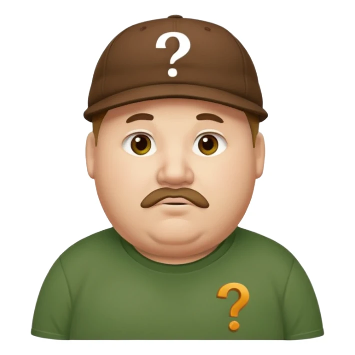white fat man with brown cap and green t shirt printeed a question mark sticker