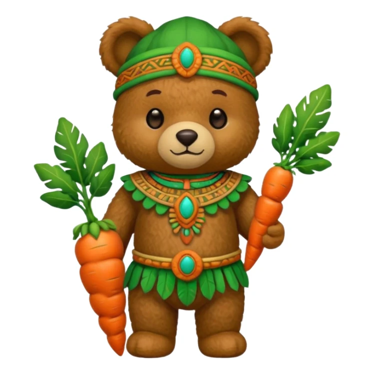 teddy bear, wearing green mayan ancient custome, with carrot half body sticker