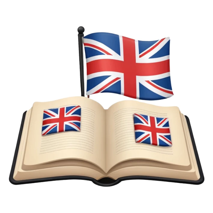 Minimalistic flat vector icon, iOS style, thin black contour on white background. Open book with a small UK/USA flag symbol. No text, no shadows. sticker