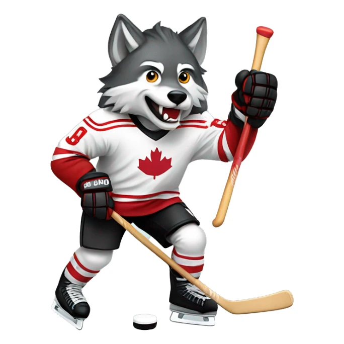 A wolf in a red black and white hockey uniform with a wolf emblem is playing hockey sticker