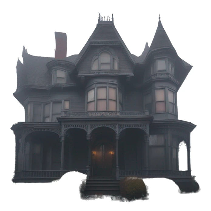 Fantastic Wide full view, A very roomy ramshackle Victorian Addams’s mansion looms through light fog at noon  sticker