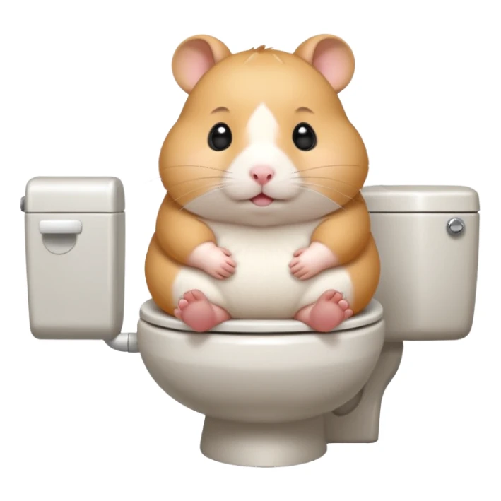 Cute chubby cartoon-style hamster sitting on toilet, sticker-style illustration sticker