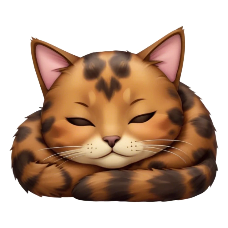 Meme-Worthy Cute Sleeping Tortoiseshell Cat Portrait Emoji, Head resting with a serene, sleepy smile and softly closed, dreamy eyes, showcasing a warm, mottled fur of rich browns and blacks, simplified yet adorably detailed, glowing with a gentle, drowsy radiance, high shine, exuding relaxed, heart-melting charm, styled with a soft glowing outline, capturing the essence of a sleeping tortoiseshell cat that radiates pure, peaceful cuteness! sticker