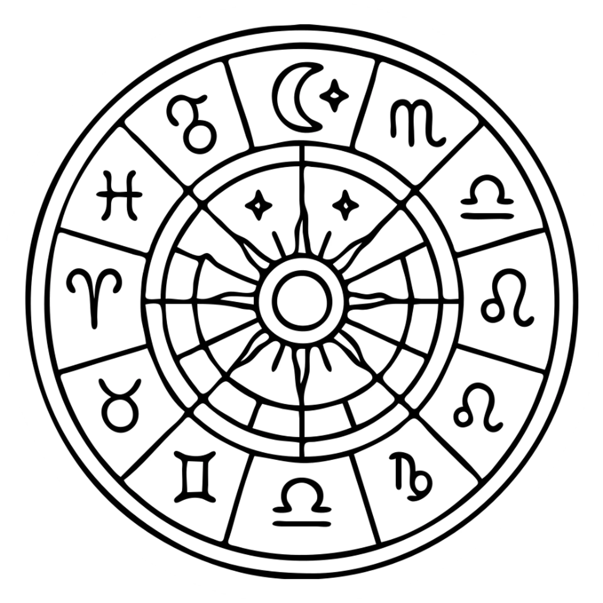 vintage astrology natal chart icon with intricate celestial symbols, mystical and ornate, outlined, no fill sticker