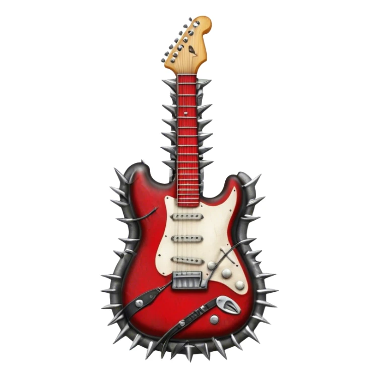 Create a powerful and dynamic humanless emoji representing rock vocals. The design should feature a classic vintage microphone with a rugged, distressed look, surrounded by elements like a guitar pick, electric guitar neck, and sound waves to reflect the raw energy of rock music. Add subtle details such as a spiked bracelet, leather textures, or bold lightning bolts to evoke the rebellious and intense spirit of rock. Use dark, edgy colors like black, red, silver, and metallic accents to emphasize the fierce, loud, and passionate nature of rock vocals. The background should be transparent. sticker