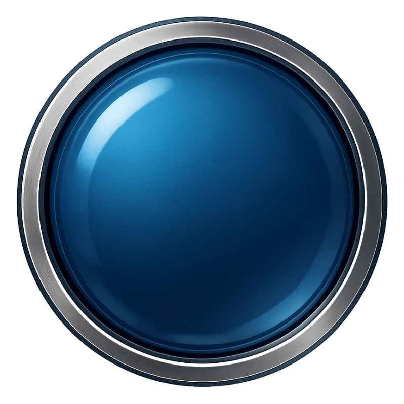 Remove any apple or symbols from the image. Keep only a deep blue, shiny, glass-like center with a metallic border. No symbols or sword. The style should resemble apple emoji style but without the symbols or sword, focusing on the deep blue glass center and metallic border only. sticker