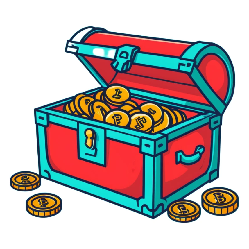 A vibrant red RPG treasure chest with gold coins spilling out sticker