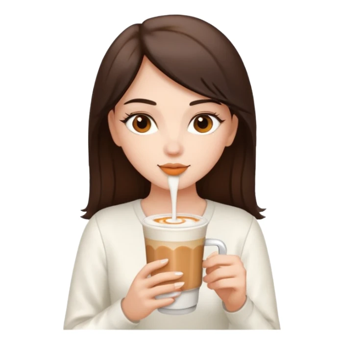 white brunette with brown eyes and a white outfit, drinking a caramel machiatto sticker