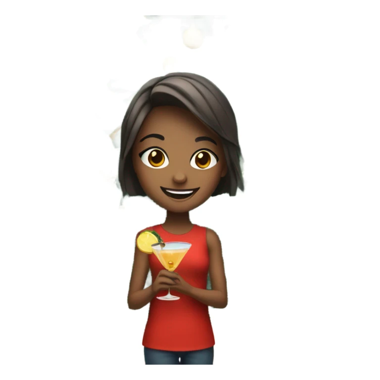 smiling girl by christmas tree with a cocktail sticker