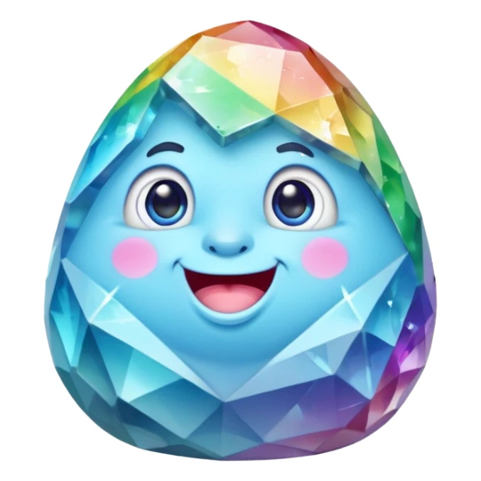 A single pastel rainbow crystal rock character, chubby and heavy with a chunky, irregular polygon shape, not egg-shaped, covered in faceted crystal planes and small chips, soft blue face carved into the rock, big glossy rainbow eyes and a small smiling mout sticker