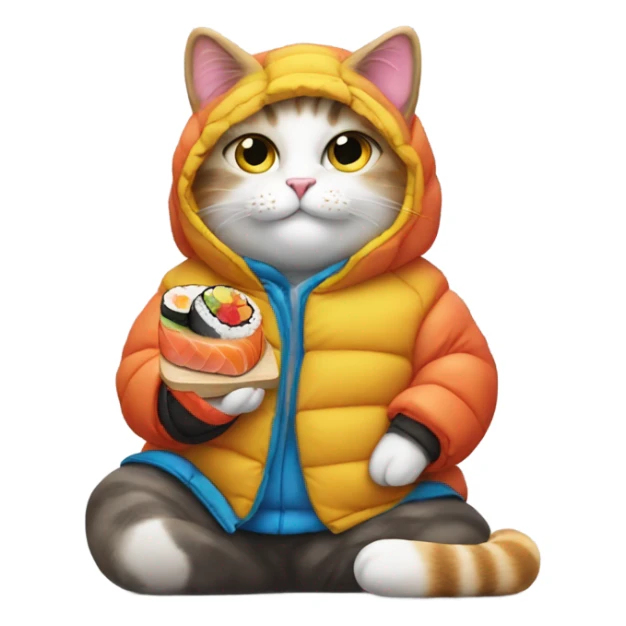 cat wearing a puffy jacket eating sushi sticker