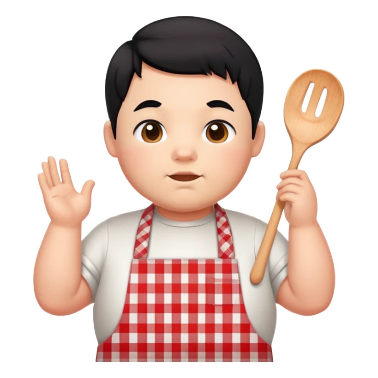 chubby boy with black hair styled upward in front, wearing a red and white checkered plaid apron sticker