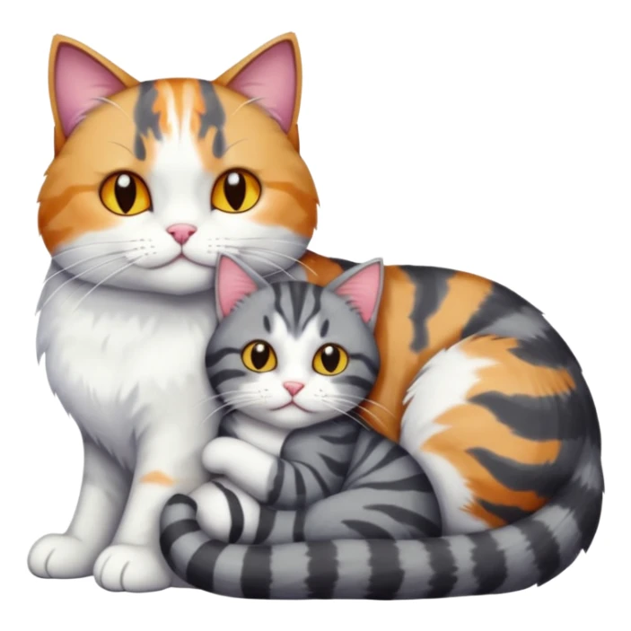 full body colourful light patched calico + white tabby cat cuddling a bigger cat that is dark grey and white tabby cat  and they are in love sticker
