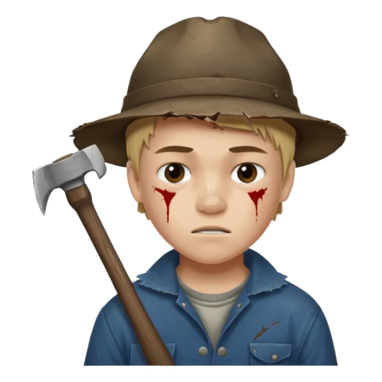 13 y/o Brian robeson at the beginning of Hatchet
distressed, has hatchet, small scratches(no bleeding type) on face, no blood on hatchet sticker