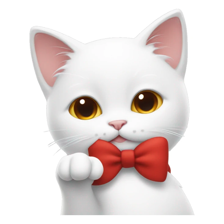 White cat cartoon with red bow doing a peace sign sticker