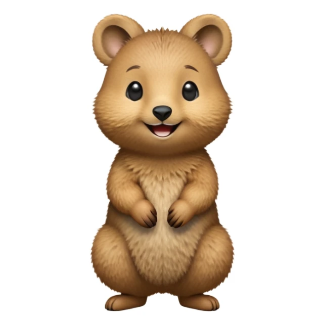 cinematic-realistic quokka-emoji,-small-round-frame-balanced-on-tiny-strong-hind-legs, head tilted in an endearing manner, comical smil, giant-fluffy-cheeks-large-smile-fluffy-brown-fur-radiating-a-warm-softness,-big-round-eyes-filled-with-joy, realistic fluffy zoomed in sticker