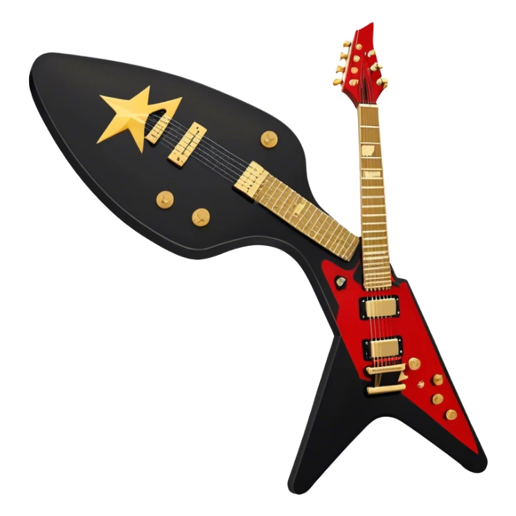 Create a bold and dynamic emoji representing the Epiphone Dave Mustaine Flying V Custom electric guitar. The design should feature the sharp, iconic V-shaped body of the guitar, with a custom finish reflecting Dave Mustaine’s signature style. Add intricate details like gold or chrome tuning pegs and pickups, with subtle graphics or patterns that reflect the aggressive, heavy metal aesthetic. Use a color palette of black, gold, and red, with a touch of metallic sheen for the high-end finish. The background should be transparent to emphasize the guitar's iconic shape sticker