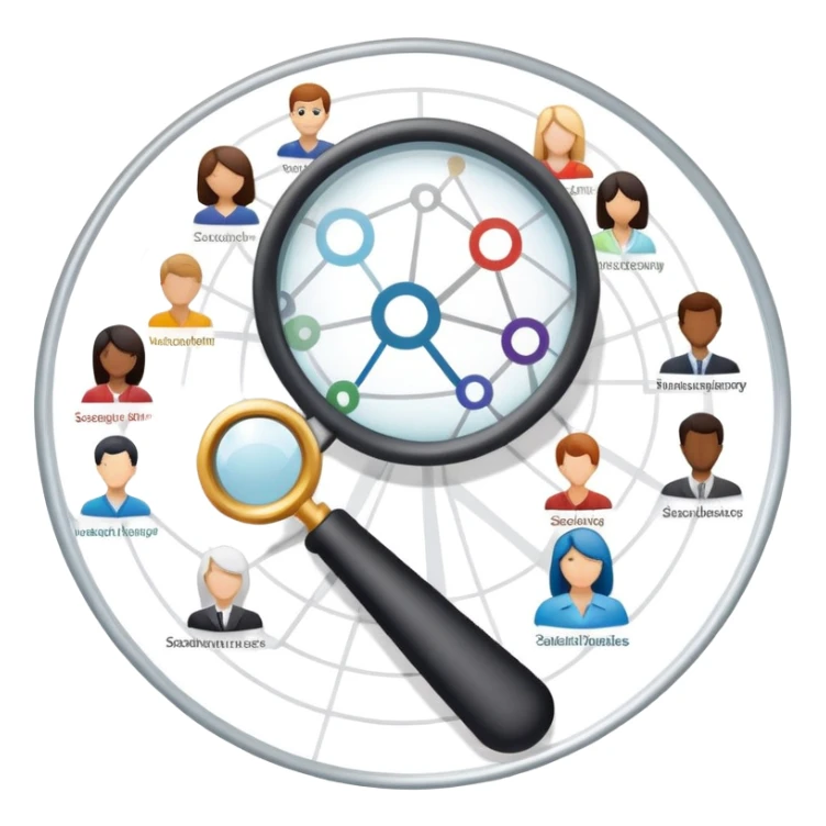 An icon featuring a group of diverse people, a social network diagram, and a magnifying glass, symbolizing sociology. The design includes charts and interconnected lines, representing the study of societies, relationships, and social behavior. Transparent background highlights social analysis. sticker