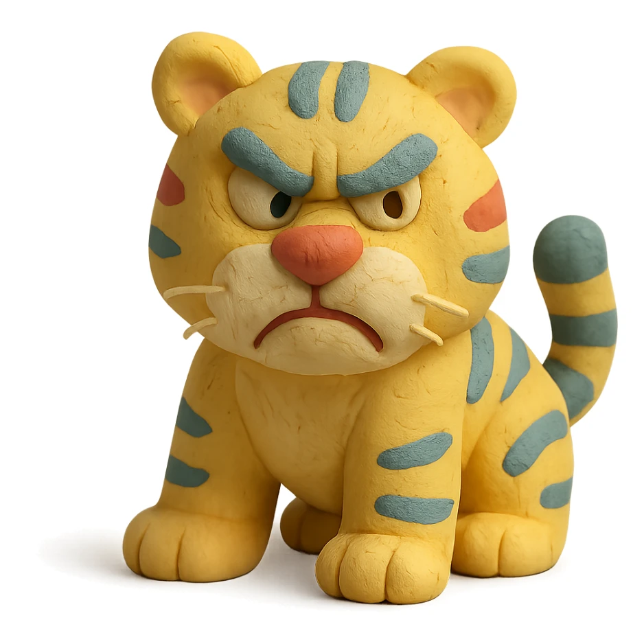matte plasticine claymation style angry tiger with visible fingerprints and pastel colors sticker