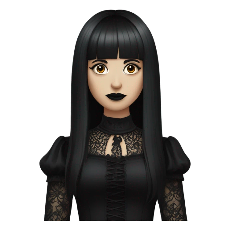 one single goth women, dark hair, long hair, short bangs, dark makeup, gothic detailed dress sticker