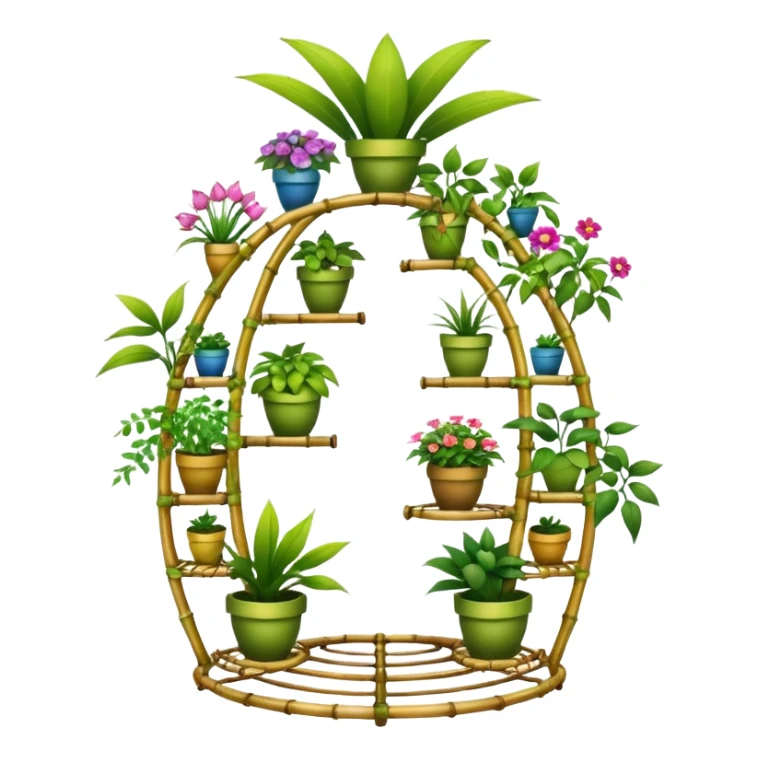 Very Large alien-futuristic multi-tier multi-level curved plant rack, which holds thirty-five plants, constructed from 7/8ths of an inch thin vining bamboo poles  sticker