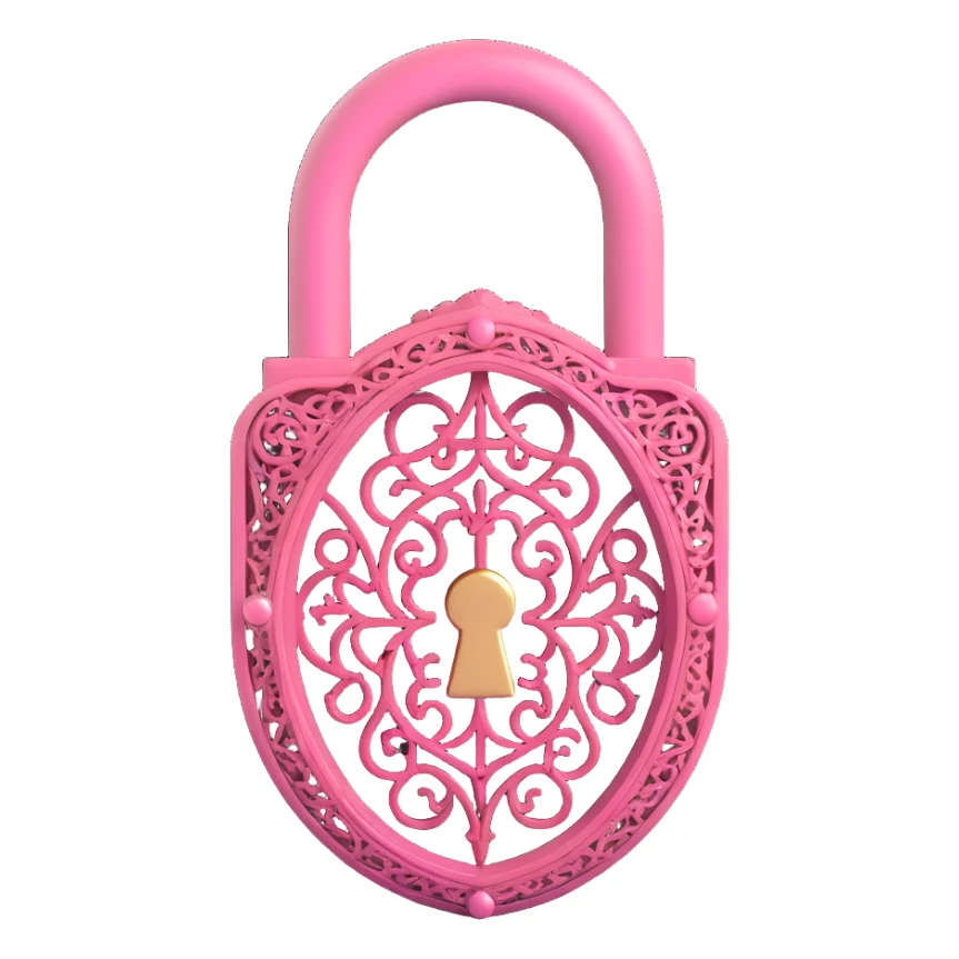 3D gothic lock with ornate filigree, pink accents, metallic finish sticker