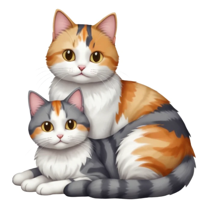 full body colourful light patched calico + white tabby cat cuddling a large grey and white cat  sticker