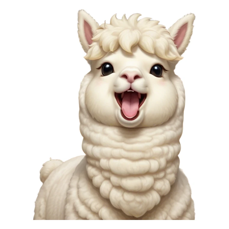 Cinematic Cute Yawning Cream Alpaca Portrait Emoji, Head tilted slightly with a dramatic, wide-open yawn, showcasing a soft, fluffy cream fleece with subtly drooping ears, round gentle eyes barely open in drowsy contentment, Simplified yet irresistibly adorable features, highly detailed, glowing with a soft, cozy glow, high shine, relaxed yet expressive, stylized with a touch of whimsy, bright and endearing, soft glowing outline, capturing the essence of a sleepy yet affectionate alpaca, so drowsy it feels like it could stretch out of the screen and curl up for a nap! sticker