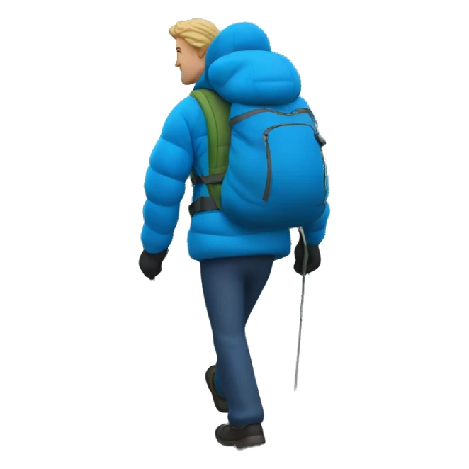 A man hiking up a hill with a bag on and a blue puffer coat  sticker