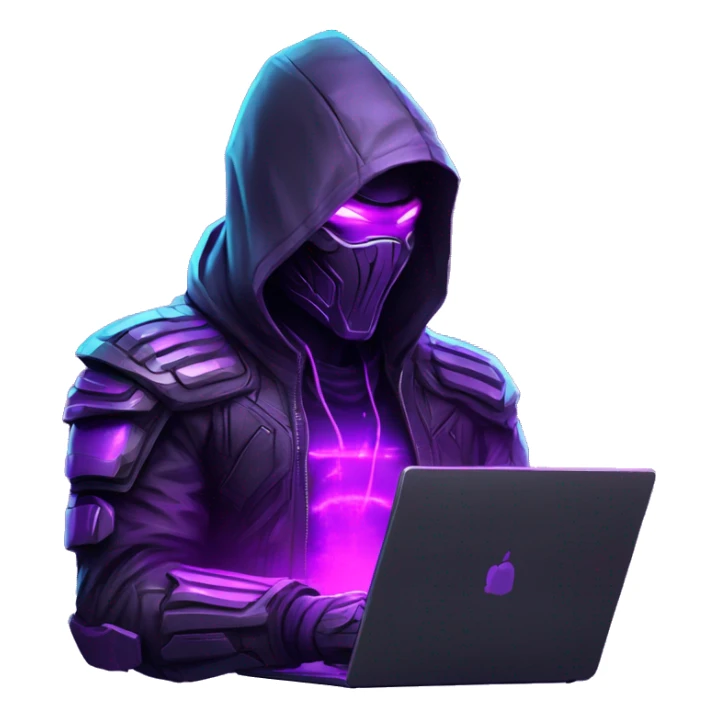 Side view developer behind his laptop with this style : crysis Cyberpunk Valorant neon glowing bright purple character purple violet black hooded assassin themed character sticker